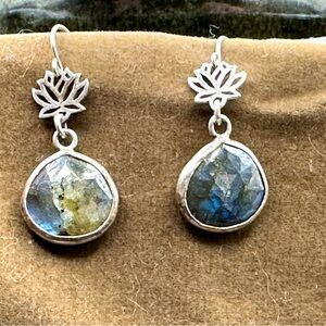 Sterling silver and Labradorite Gemstone Earrings with a lotus accent